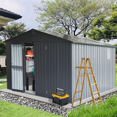Storage Shed 11 X 12.5 With Galvanized Steel Frame  Windows, Outdoor Garden Shed Metal Utility Tool Storage Room With Lockable Door For Patio Dark Gray