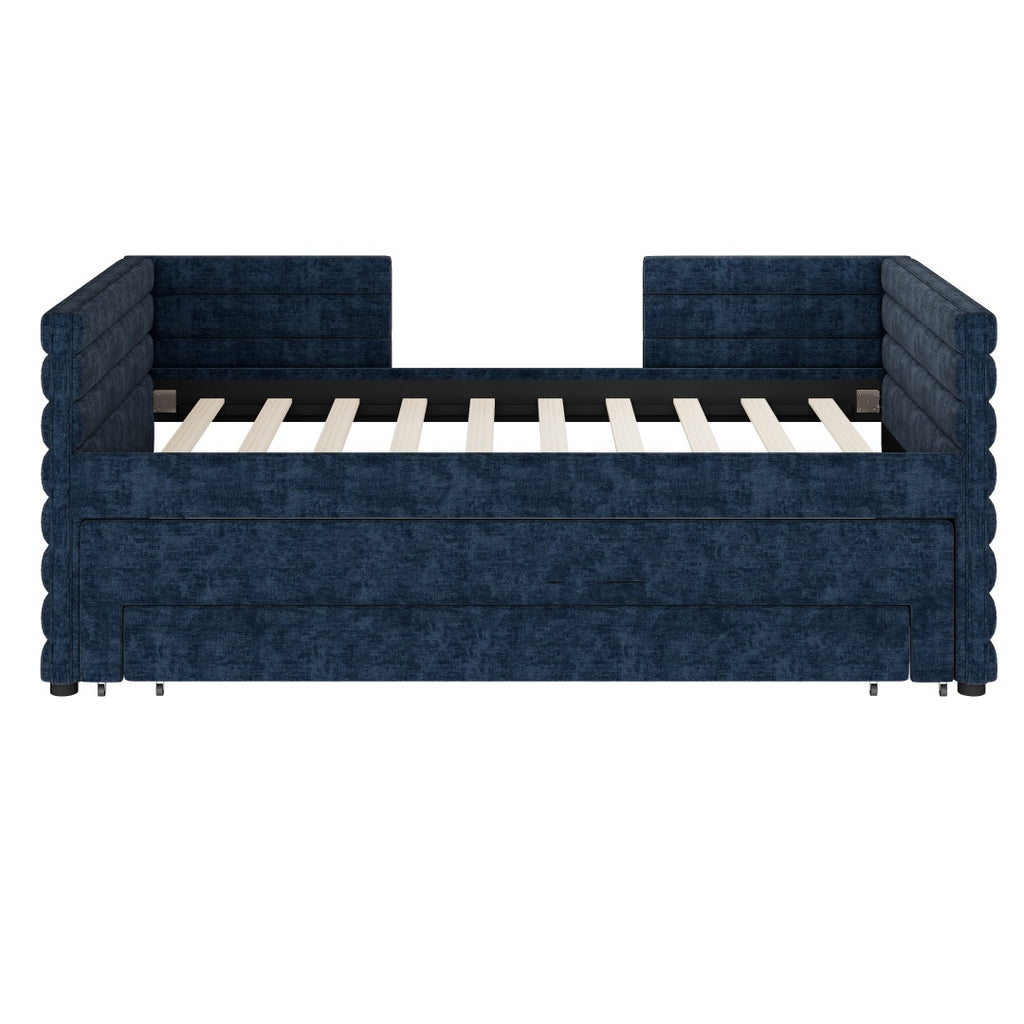 Twin Size Upholstered Daybed With Trundle And 3 Storage Drawers, Chenille Fabric Sofa Bed For Guest Room, Living Room, Space-Saving Modern Day Bed Frame, No Box Spring Needed