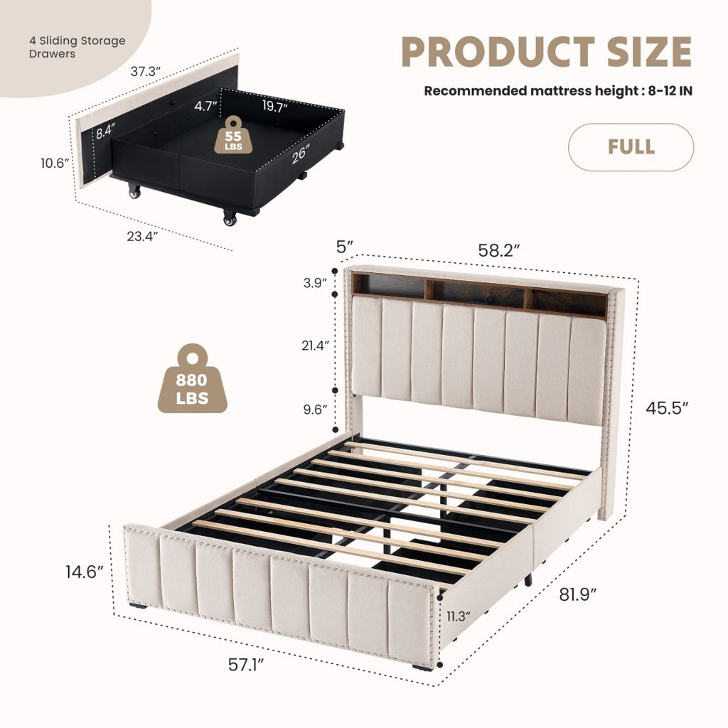 Storage Headboard With Charging Station This Upholstered Bed Frame Features A Practical Storage Headboard With A Built-in Charging Station, Offering Convenient Access To Power For Your Devices. Keep