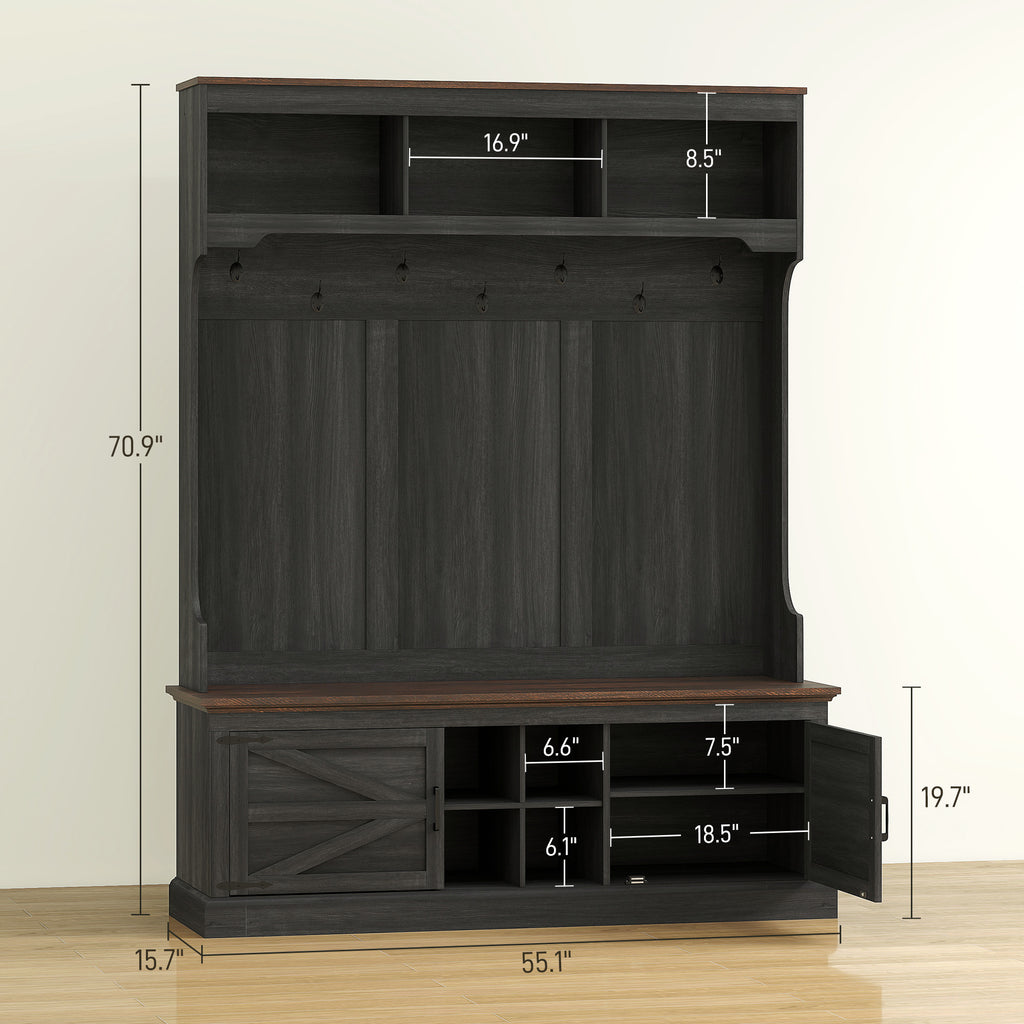 3-in-1 Hall Tree With Shoe Storage, Coat Rack With Bench, Entryway Furniture With Hooks, Black Wood Grain