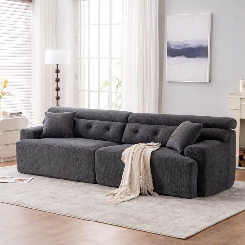 LY-029 GRAY COMPRESSION SOFA 4-seater Combined Sofa, Wood Grain Chenille Fabric, Full Sponge Compression Sofa,combined Sofa With 2 Pillows For Living  Home Furniture  Apartment