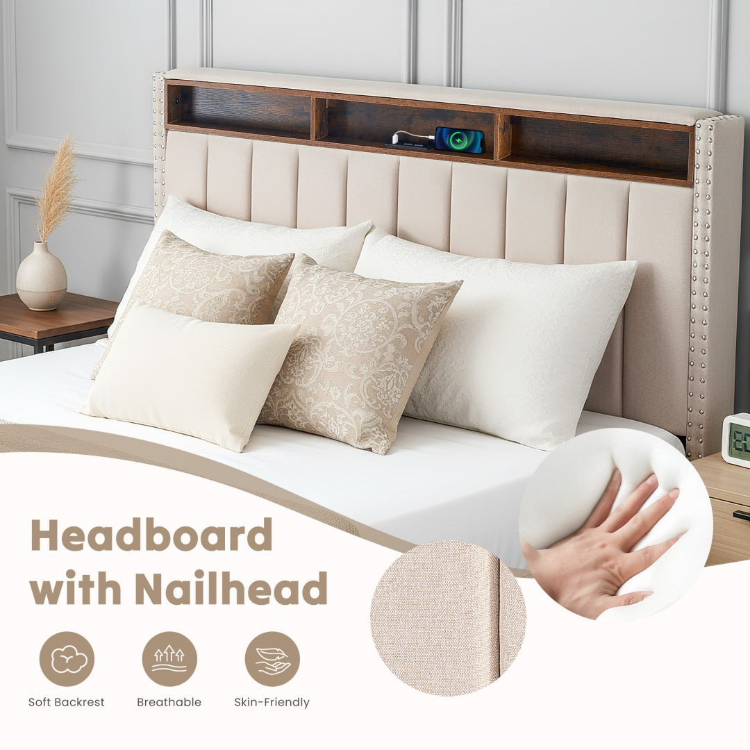 Storage Headboard With Charging Station This Upholstered Bed Frame Features A Practical Storage Headboard With A Built-in Charging Station, Offering Convenient Access To Power For Your Devices. Keep