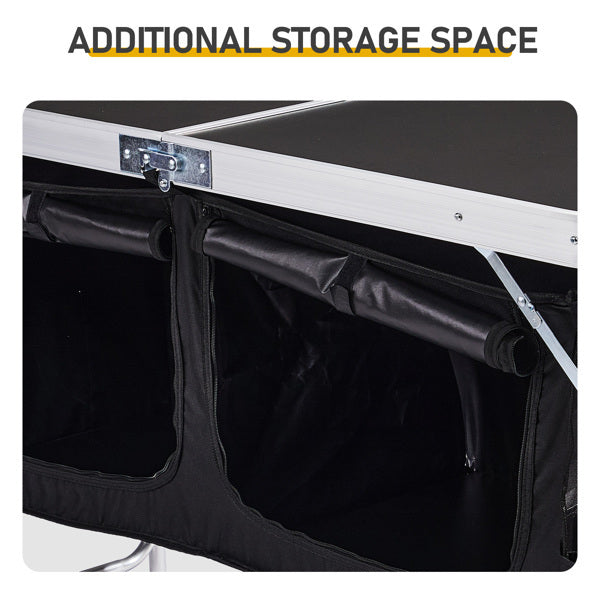 4ft 47cm Wide Black Outdoor Folding Table, Aluminum Alloy Rectangular, Two-fold Tabletop With Black Fabric Cupboard, 3 Height Adjustments.