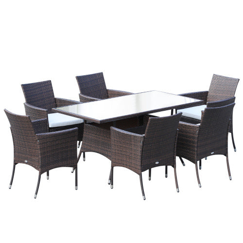 Outsunny 6 Seater Rattan Dining Set With Cushions, Rattan Garden Furniture Set With 6 Armchairs, Rectangular Glass Top Table, Outdoor Dining Table And Chairs, Brown