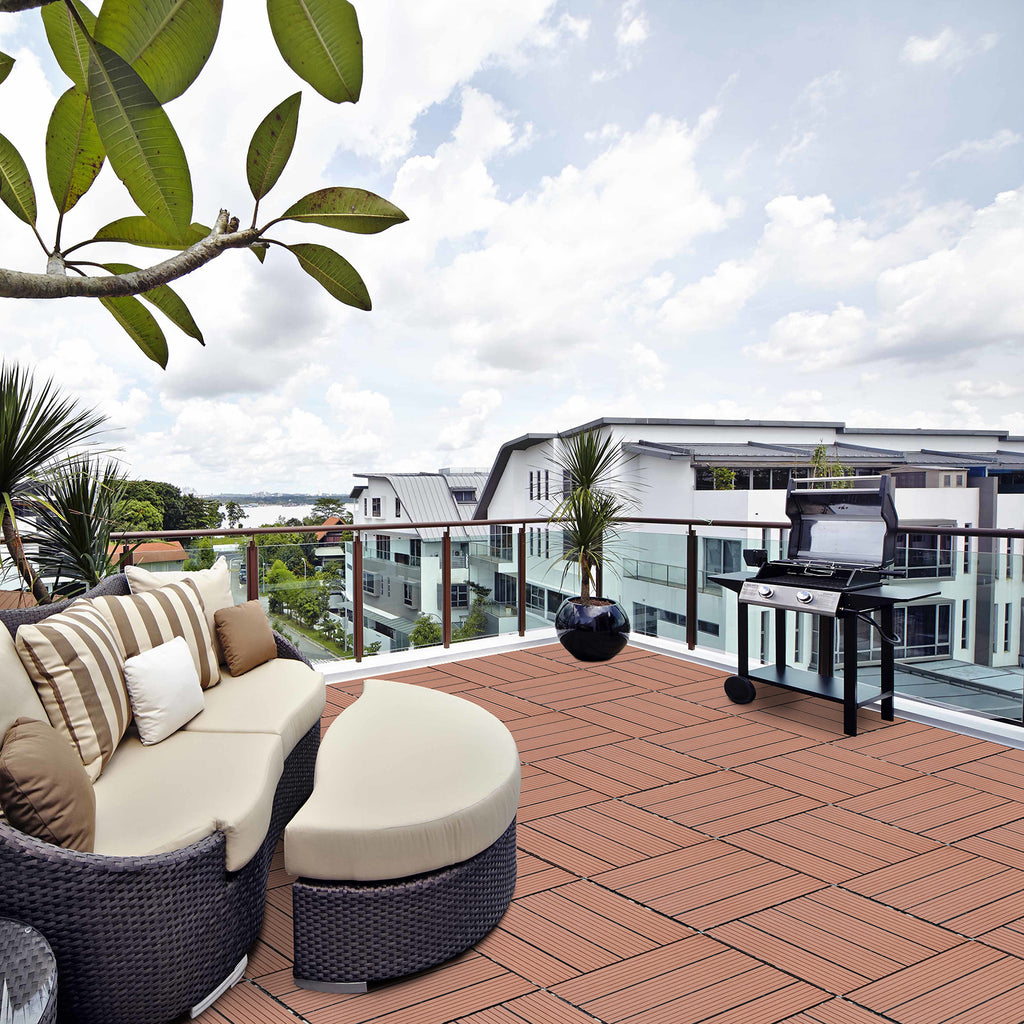 Wood Plastic Composite Deck Tiles Set Of 20, Sustainable FSC Composite Decking Resist Rust, Water, Weather, Easy To DIY & Maintain, Ideal For Patios, Balconies, Rooftops, Mahogany Colour