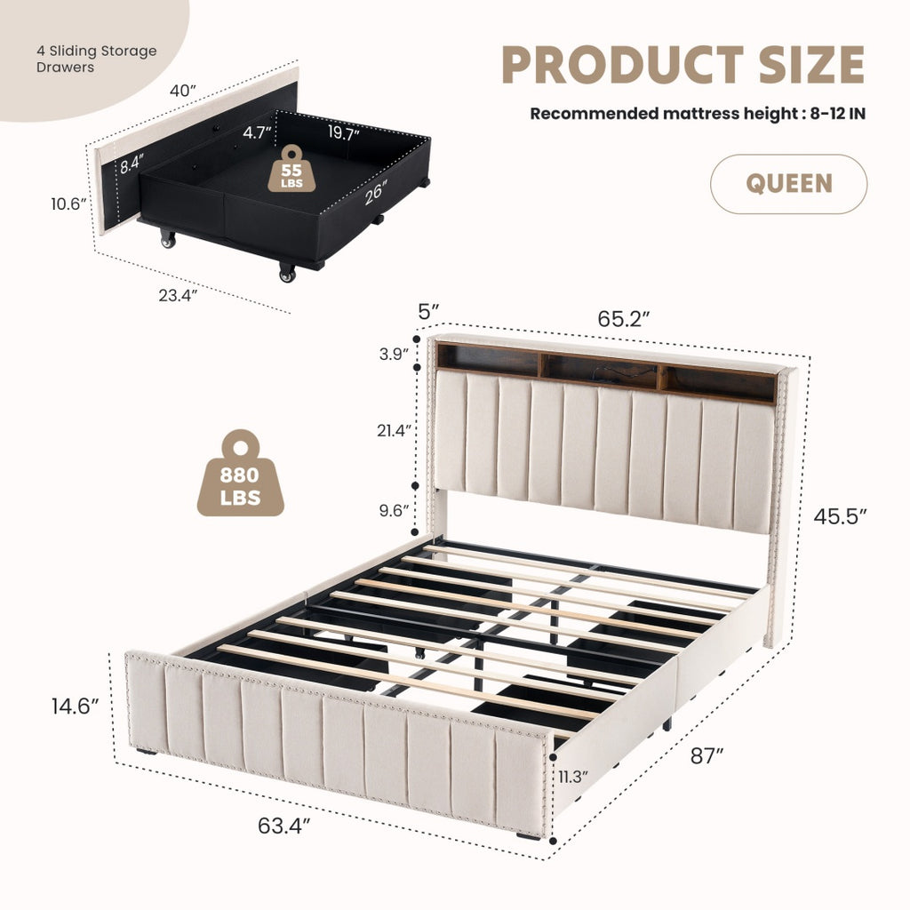 Storage Headboard With Charging Station This Upholstered Bed Frame Features A Practical Storage Headboard With A Built-in Charging Station, Offering Convenient Access To Power For Your Devices. Keep