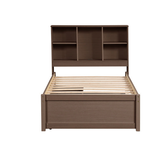 Modern Twin Size Bed Frame With Built-in USB Port On Bookcase Headboard And 2 Drawers For Walnut Color