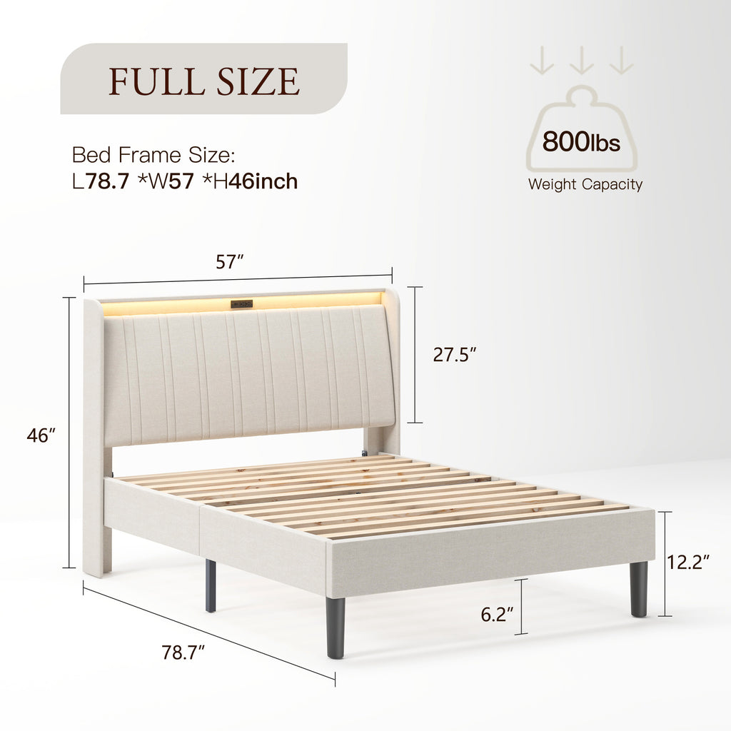 Platform Bed Frame With Fabric Upholstered Headboard And Wooden Slats Support, Fully Upholstered Mattress