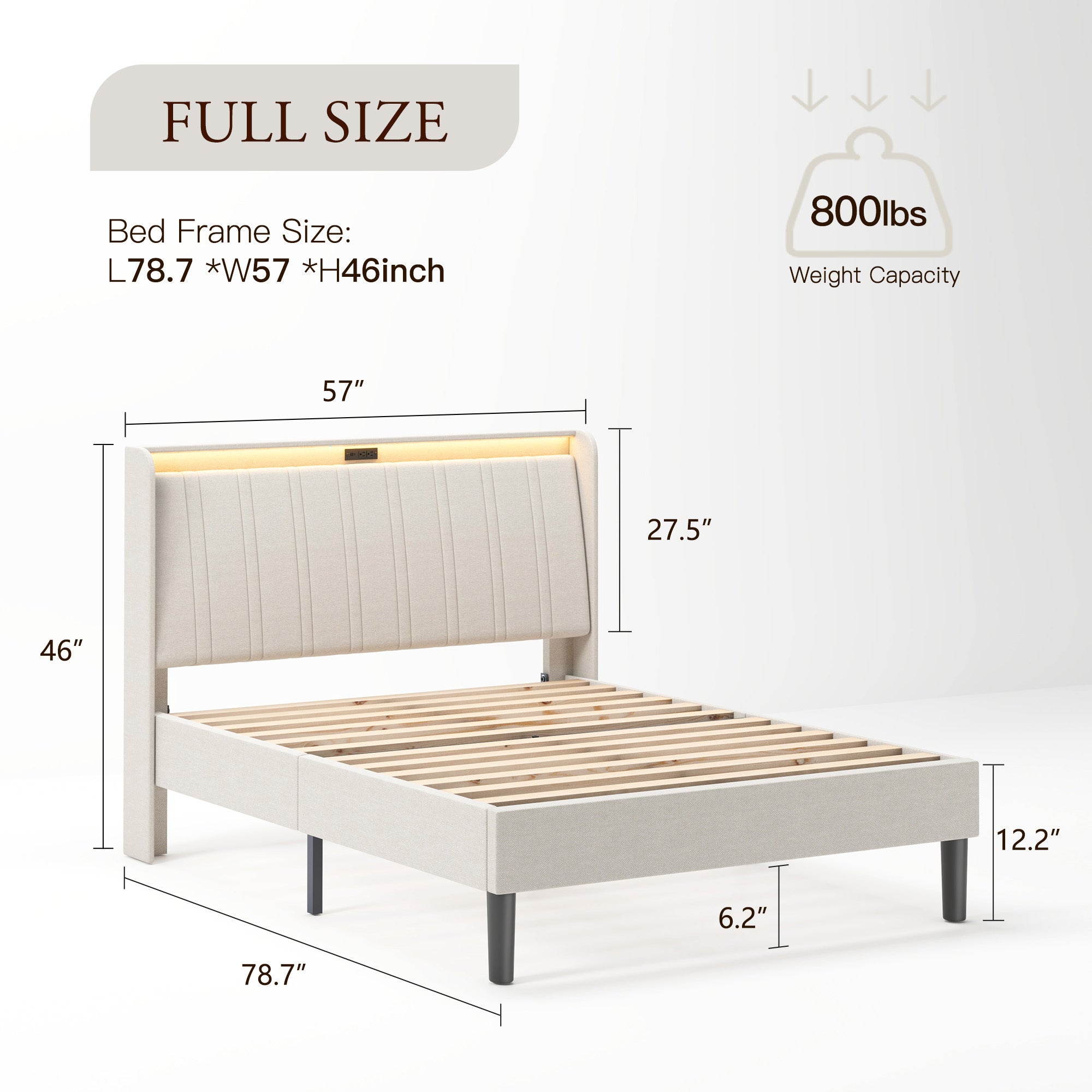 Platform Bed Frame With Fabric Upholstered Headboard And Wooden Slats Support, Fully Upholstered Mattress