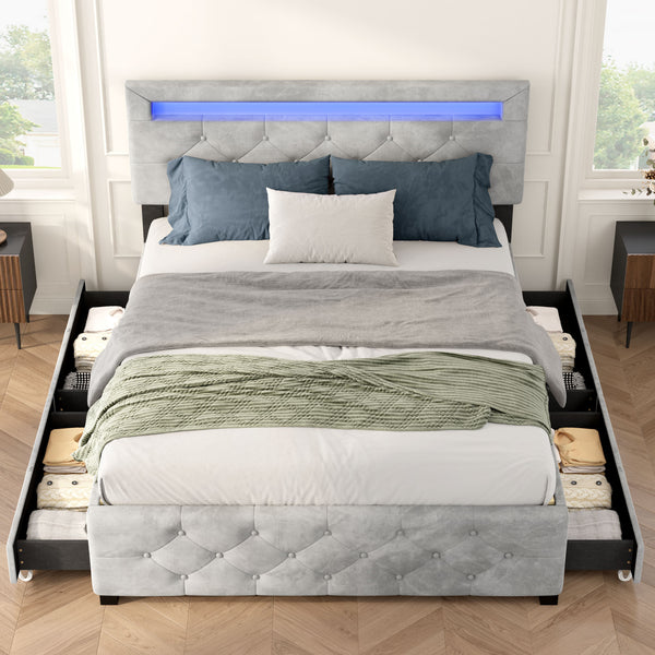 Upholstered Platform Storage Bed Frame With 4 Drawers And LED Light,No Box Spring Needed