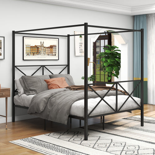 Metal Canopy Bed Frame, Platform Bed Frame Queen With X Shaped Frame Queen Black