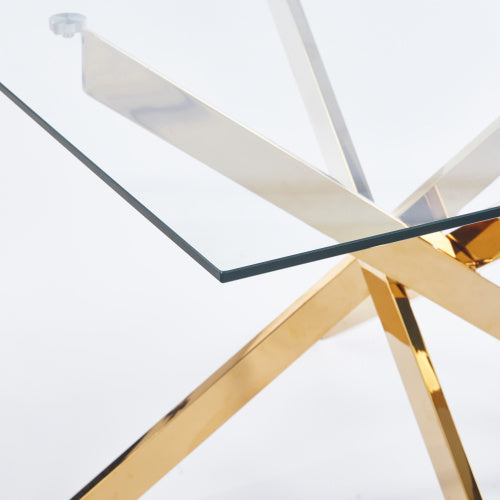 Golden Dining Table With Cross Metal Leg And Glass,Modern Space Saving Kitchen Table For Living Room,120x120x75cm Square Glass