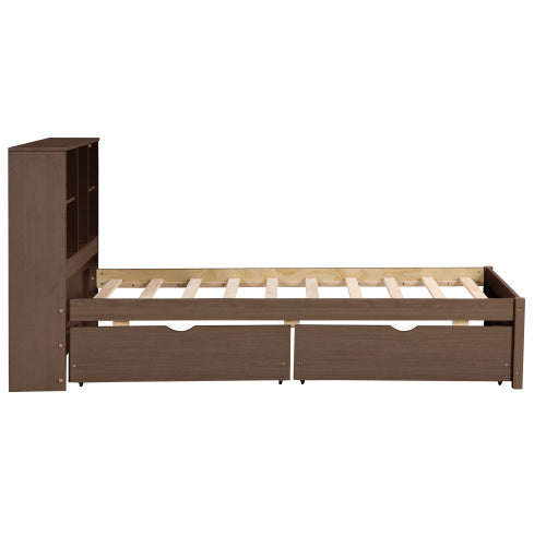 Modern Twin Size Bed Frame With Built-in USB Port On Bookcase Headboard And 2 Drawers For Walnut Color