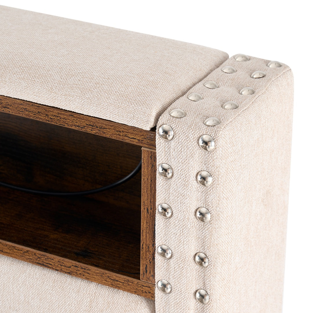 Storage Headboard With Charging Station This Upholstered Bed Frame Features A Practical Storage Headboard With A Built-in Charging Station, Offering Convenient Access To Power For Your Devices. Keep