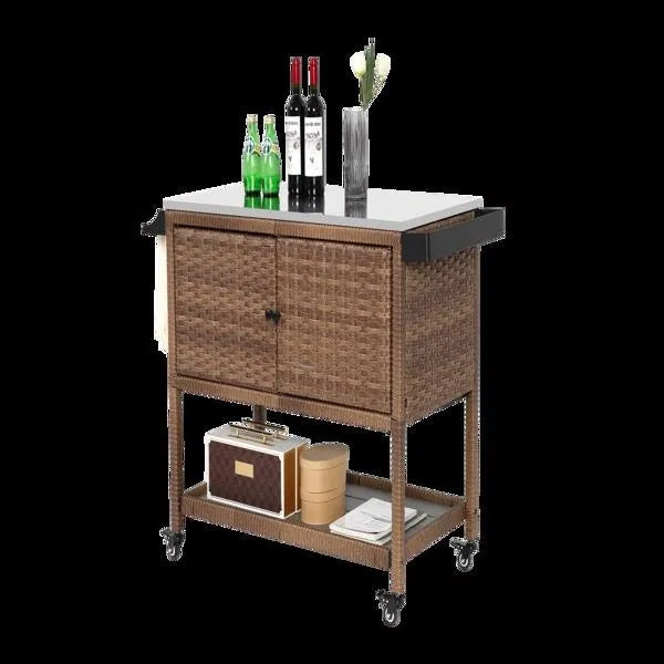 Outdoor Wicker Bar Cart, Patio Wine Serving Cart, Rolling Rattan Beverage Bar Counter Table