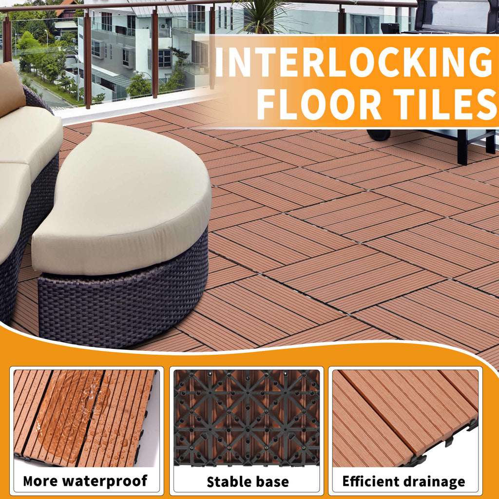Wood Plastic Composite Deck Tiles Set Of 20, Sustainable FSC Composite Decking Resist Rust, Water, Weather, Easy To DIY & Maintain, Ideal For Patios, Balconies, Rooftops, Mahogany Colour