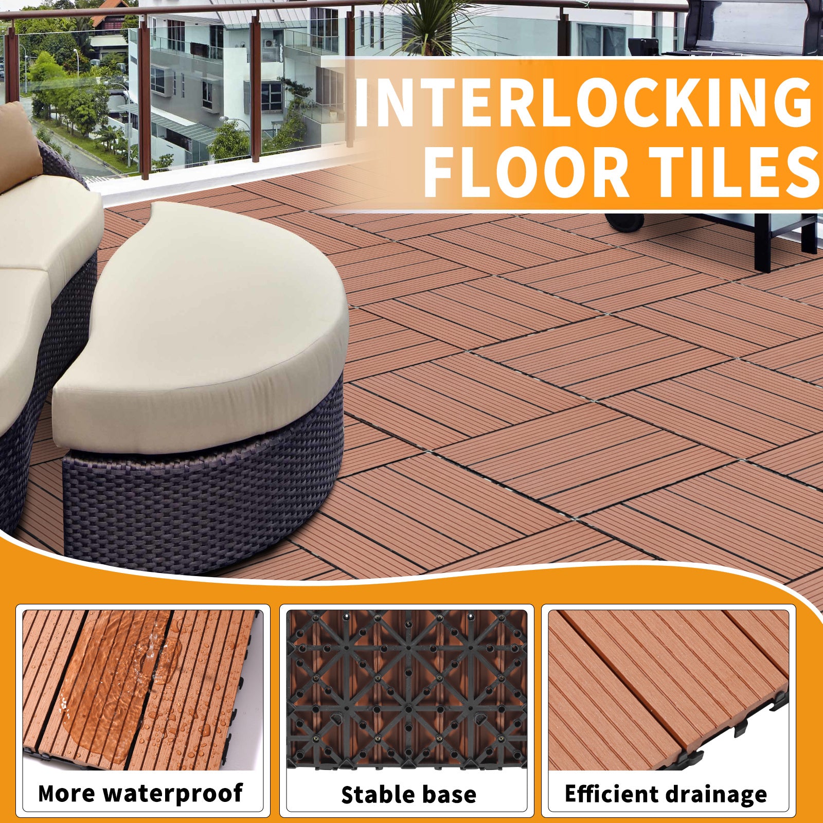 Wood Plastic Composite Deck Tiles Set Of 20, Sustainable FSC Composite Decking Resist Rust, Water, Weather, Easy To DIY & Maintain, Ideal For Patios, Balconies, Rooftops, Mahogany Colour
