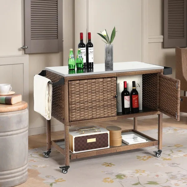 Outdoor Wicker Bar Cart, Patio Wine Serving Cart, Rolling Rattan Beverage Bar Counter Table