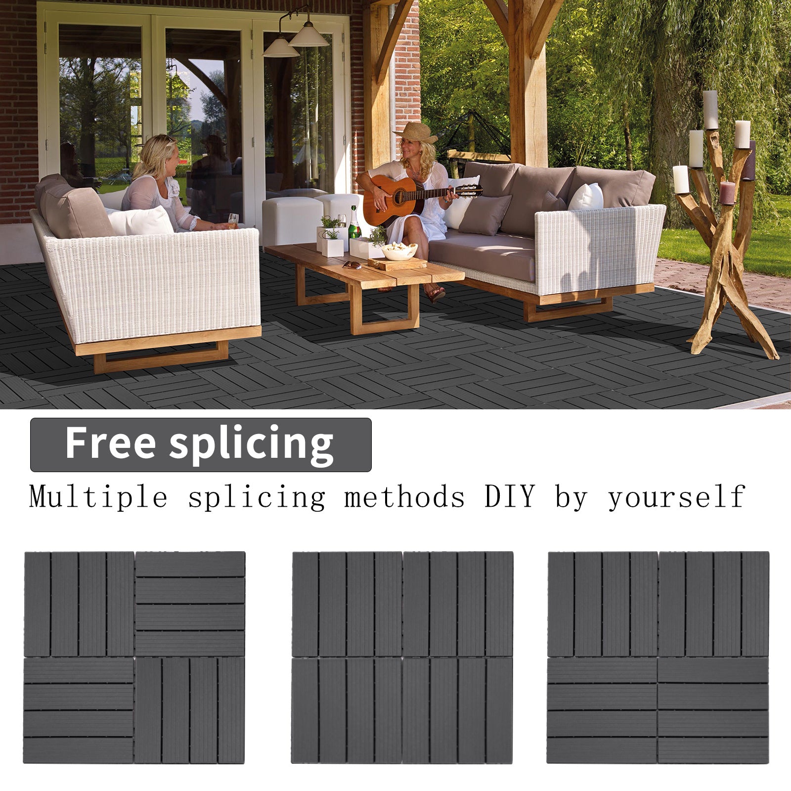 Plastic Interlocking Deck Tiles, 12x12  Pack Of 44  Patio Flooring Outdoor Waterproof All Weather Use For Garden Poolside Front  Back Yard, Light Gray