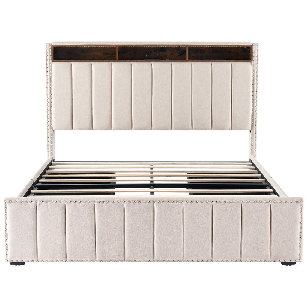 Storage Headboard With Charging Station This Upholstered Bed Frame Features A Practical Storage Headboard With A Built-in Charging Station, Offering Convenient Access To Power For Your Devices. Keep