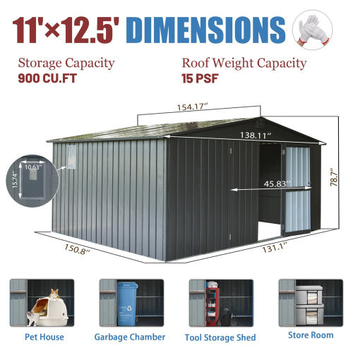 Storage Shed 11 X 12.5 With Galvanized Steel Frame  Windows, Outdoor Garden Shed Metal Utility Tool Storage Room With Lockable Door For Patio Dark Gray
