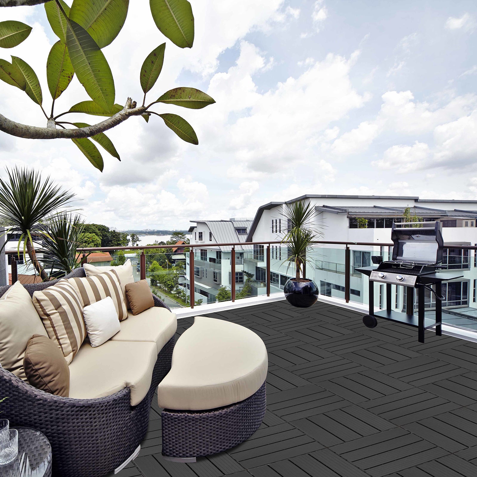 Plastic Interlocking Deck Tiles, 12x12  Pack Of 44  Patio Flooring Outdoor Waterproof All Weather Use For Garden Poolside Front  Back Yard, Light Gray