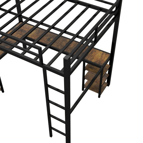 Full XL Metal Loft Bed With Desk And Shelves, Loft Bed With Ladder And Guardrails, Loft Bed Frame For Bedroom, Black