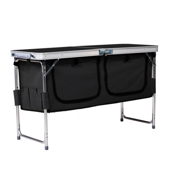 4ft 47cm Wide Black Outdoor Folding Table, Aluminum Alloy Rectangular, Two-fold Tabletop With Black Fabric Cupboard, 3 Height Adjustments.