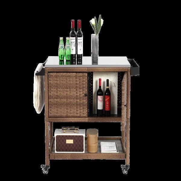 Outdoor Wicker Bar Cart, Patio Wine Serving Cart, Rolling Rattan Beverage Bar Counter Table