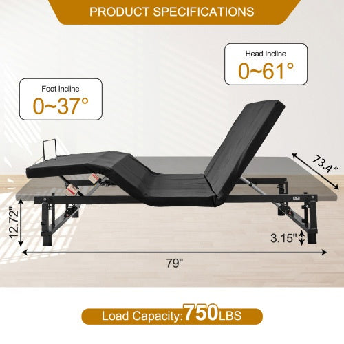 Adjustable Bed Base Frame Head And Foot Incline Quiet Motor King Size Zero Gravity, 4 Ports USB, Under-Bed Nightlight