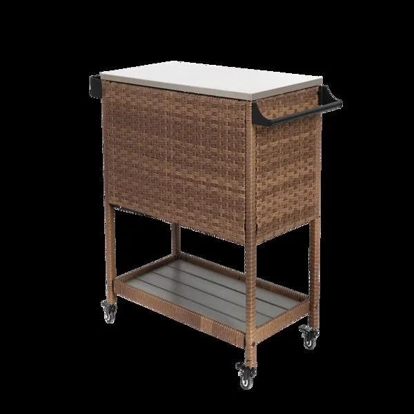 Outdoor Wicker Bar Cart, Patio Wine Serving Cart, Rolling Rattan Beverage Bar Counter Table