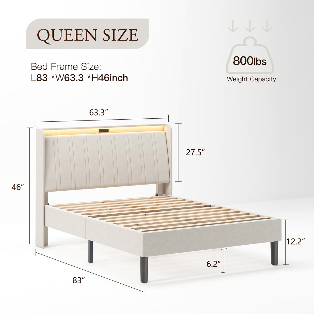 Platform Bed Frame With Fabric Upholstered Headboard And Wooden Slats Support, Fully Upholstered Mattress