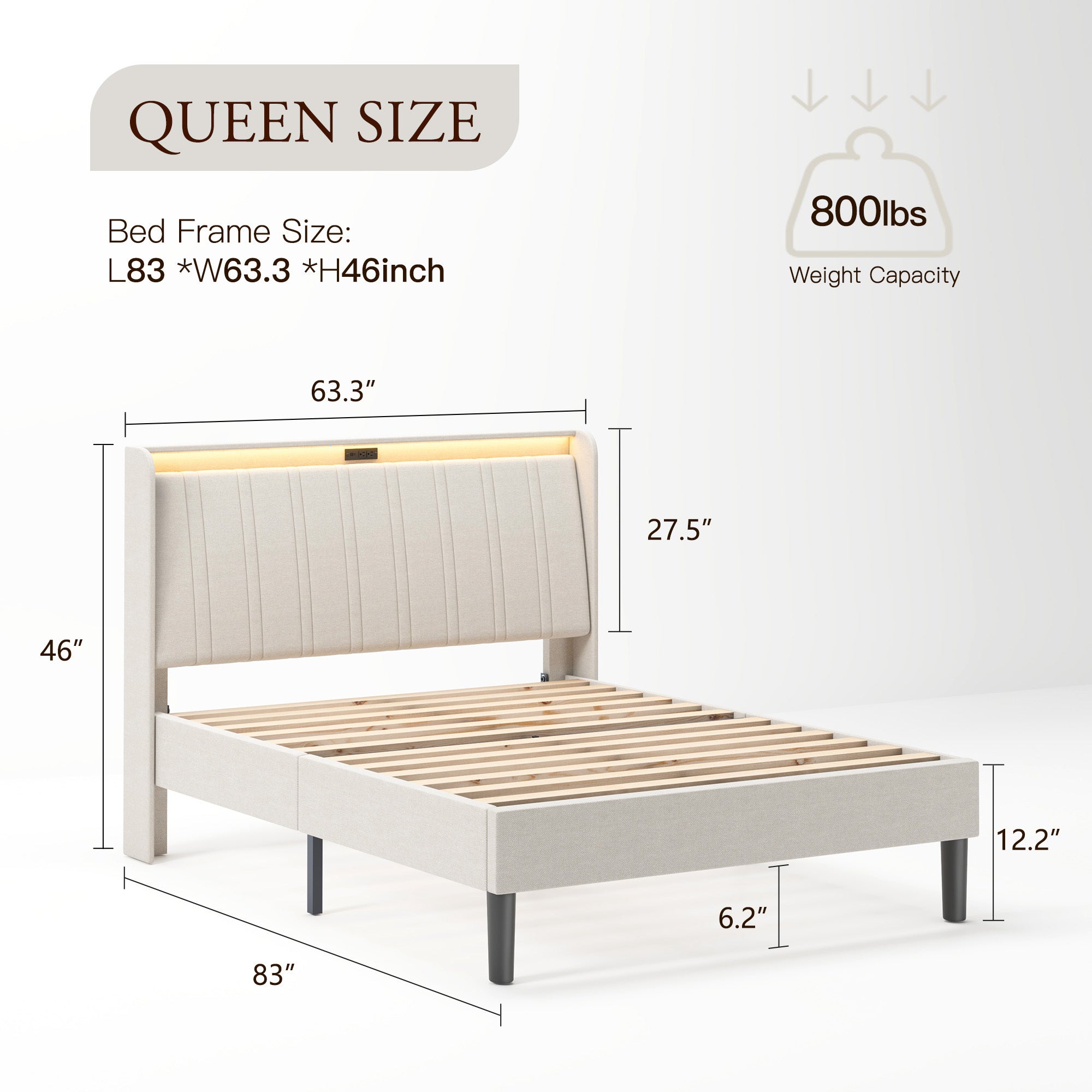 Platform Bed Frame With Fabric Upholstered Headboard And Wooden Slats Support, Fully Upholstered Mattress