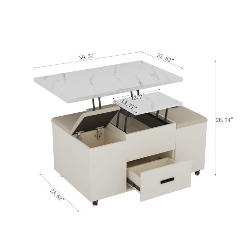 Modern Lift-Up Coffee Table With 4 Stools Set For Living Room Expandable 1 Hidden Storage 2 Drawers Space Saving Folding Dining Table