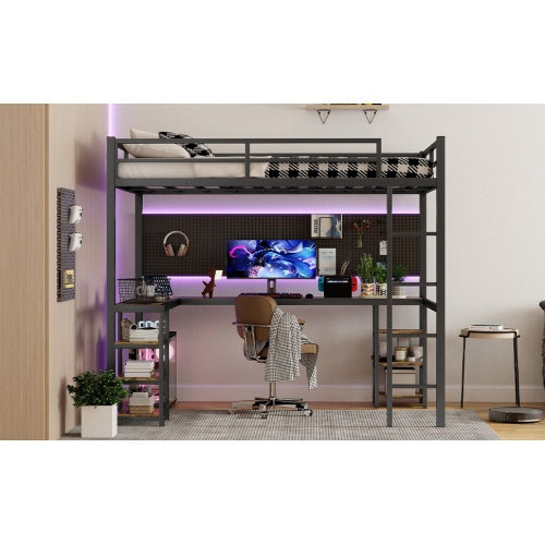Full XL Metal Loft Bed With Desk And Shelves, Loft Bed With Ladder And Guardrails, Loft Bed Frame For Bedroom, Black