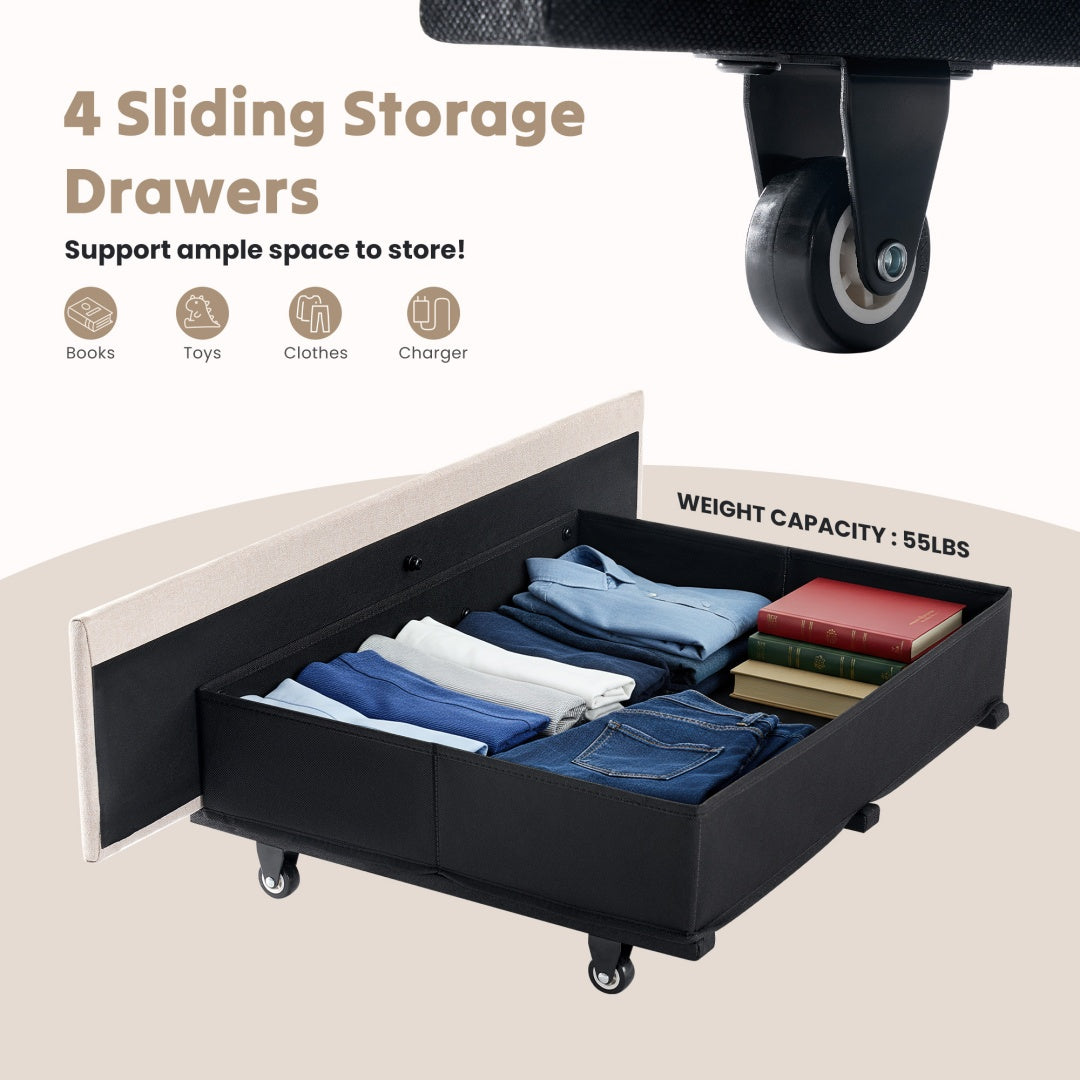 Storage Headboard With Charging Station This Upholstered Bed Frame Features A Practical Storage Headboard With A Built-in Charging Station, Offering Convenient Access To Power For Your Devices. Keep