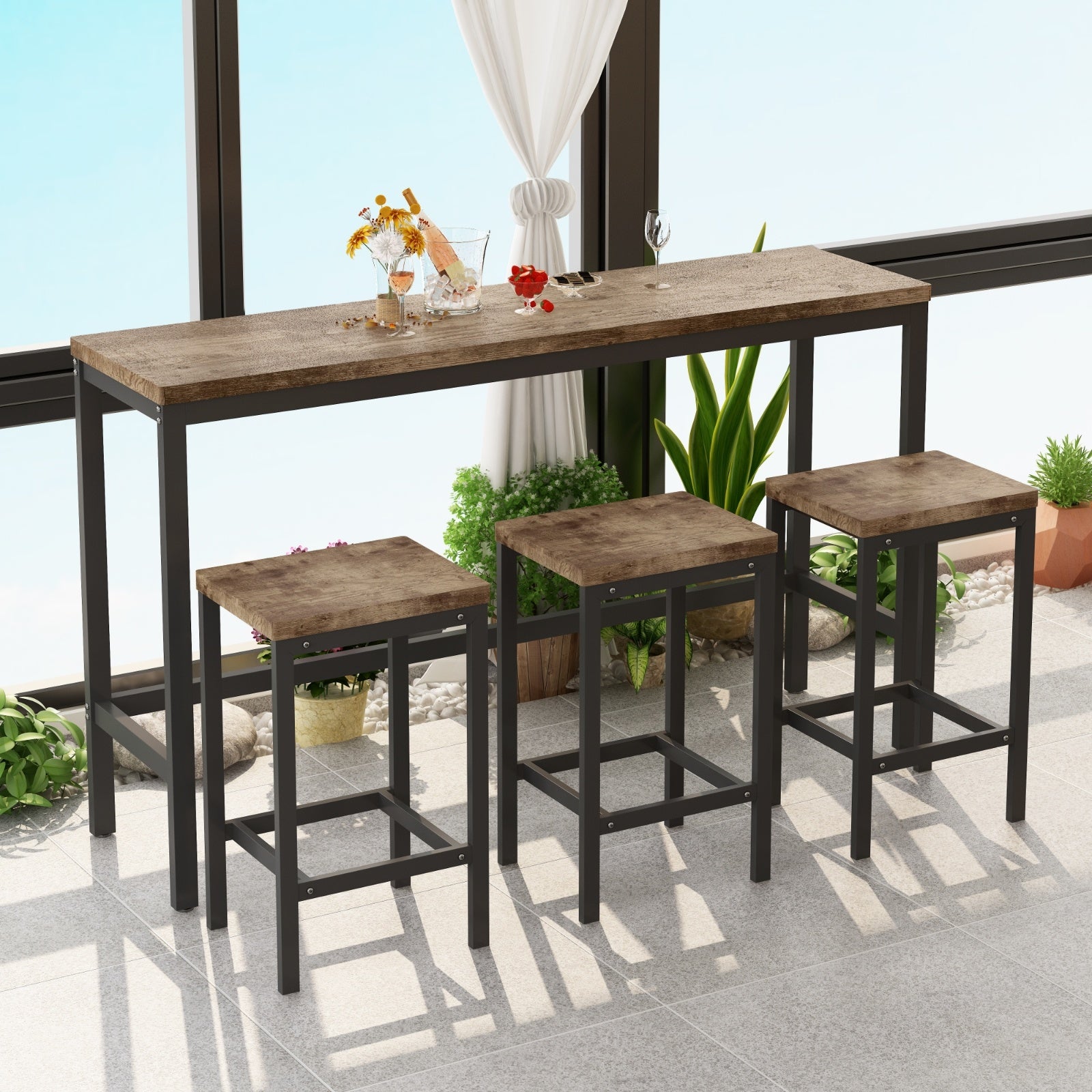 Modern Kitchen Dining Pub Table Set With 3 Stools, Easy Assembly