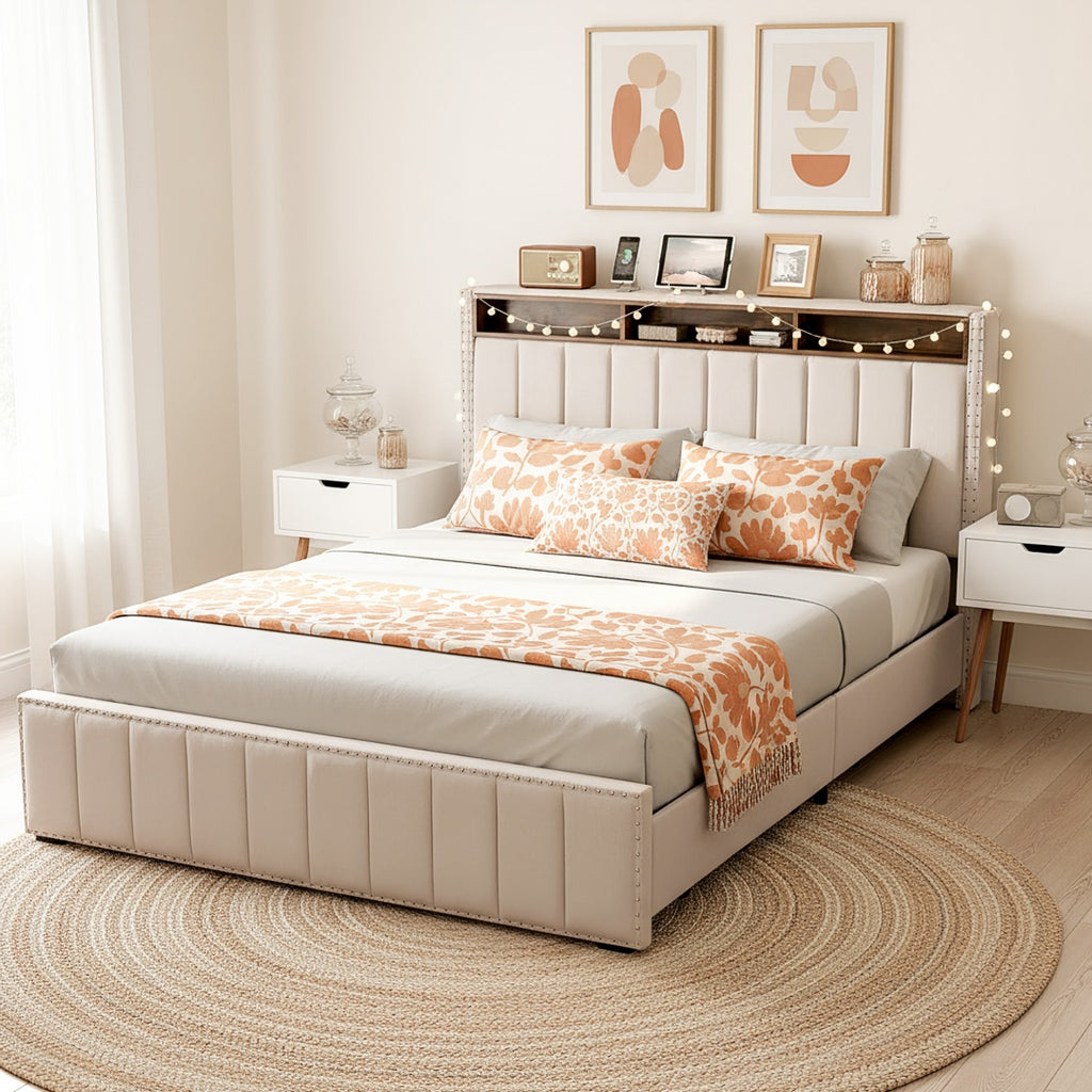 Storage Headboard With Charging Station This Upholstered Bed Frame Features A Practical Storage Headboard With A Built-in Charging Station, Offering Convenient Access To Power For Your Devices. Keep