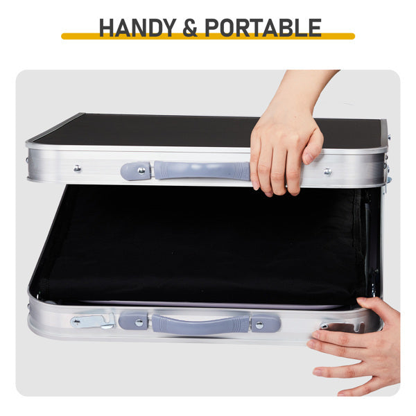 4ft 47cm Wide Black Outdoor Folding Table, Aluminum Alloy Rectangular, Two-fold Tabletop With Black Fabric Cupboard, 3 Height Adjustments.