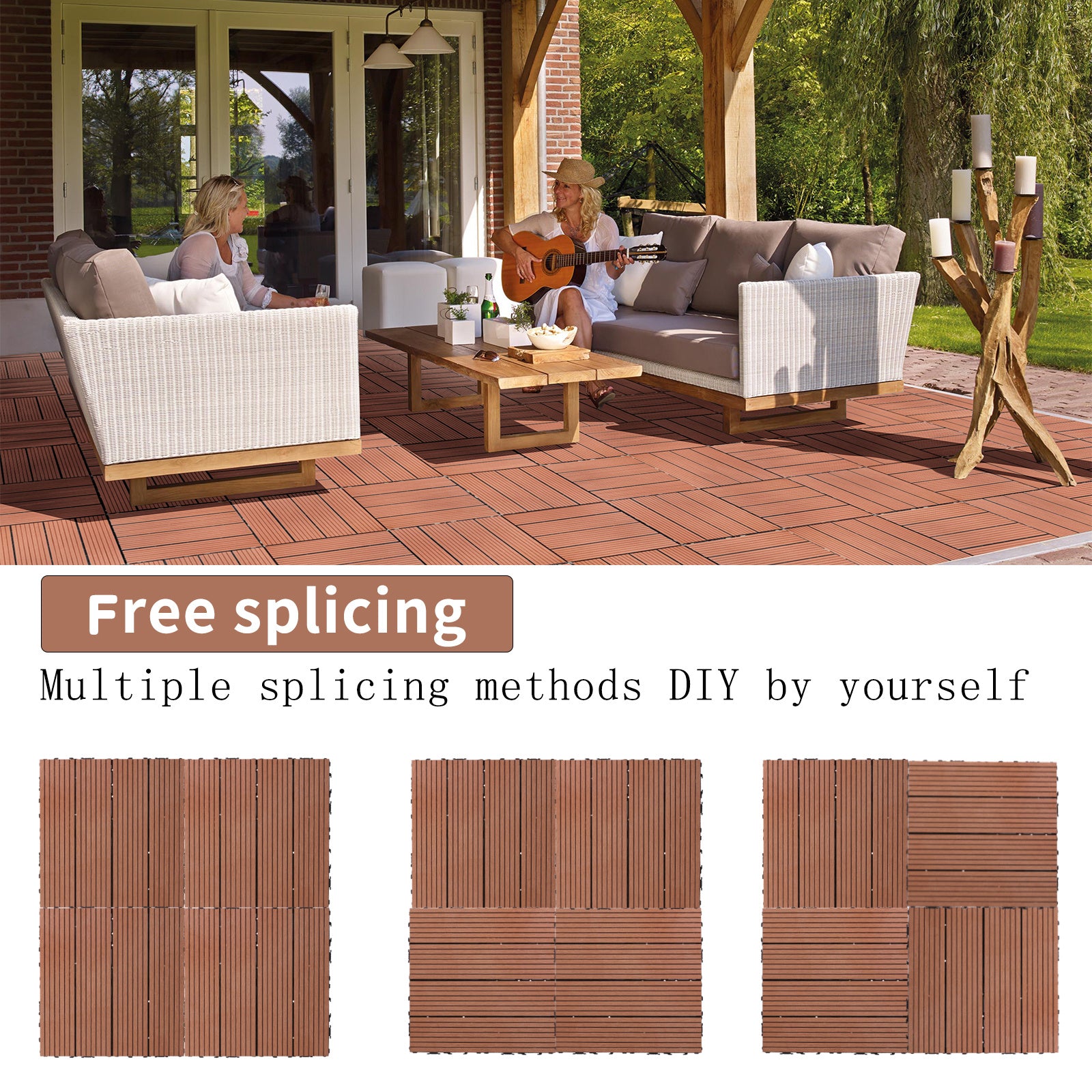 Wood Plastic Composite Deck Tiles Set Of 20, Sustainable FSC Composite Decking Resist Rust, Water, Weather, Easy To DIY & Maintain, Ideal For Patios, Balconies, Rooftops, Mahogany Colour
