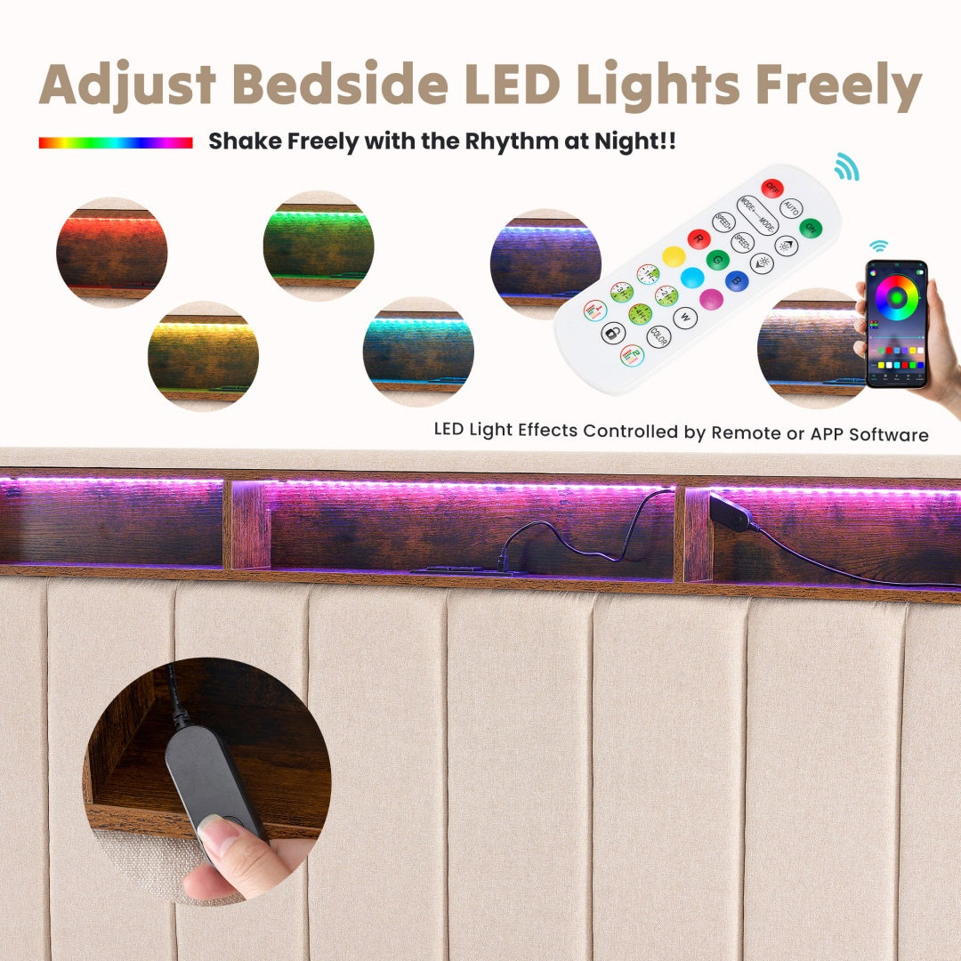 Storage Headboard With Charging Station This Upholstered Bed Frame Features A Practical Storage Headboard With A Built-in Charging Station, Offering Convenient Access To Power For Your Devices. Keep