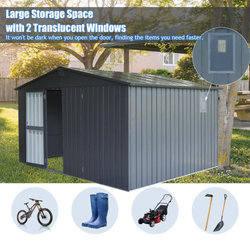 Storage Shed 11 X 12.5 With Galvanized Steel Frame  Windows, Outdoor Garden Shed Metal Utility Tool Storage Room With Lockable Door For Patio Dark Gray