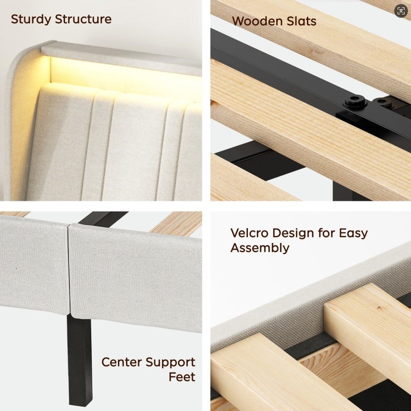 Platform Bed Frame With Fabric Upholstered Headboard And Wooden Slats Support, Fully Upholstered Mattress