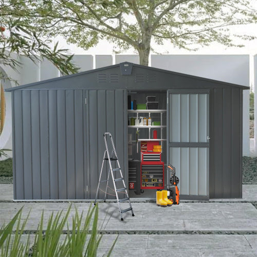 Storage Shed 11 X 12.5 With Galvanized Steel Frame  Windows, Outdoor Garden Shed Metal Utility Tool Storage Room With Lockable Door For Patio Dark Gray