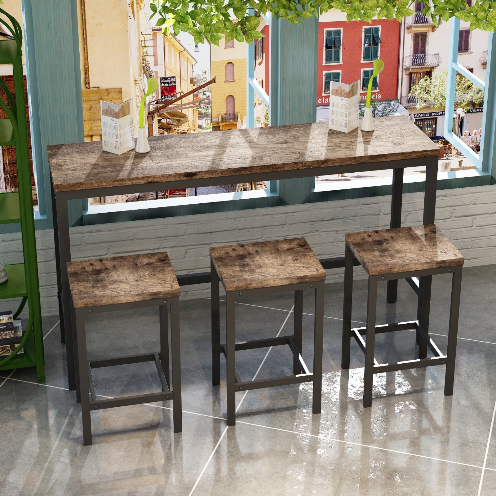 Modern Kitchen Dining Pub Table Set With 3 Stools, Easy Assembly