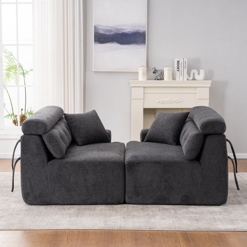 LY-029 GRAY COMPRESSION SOFA 4-seater Combined Sofa, Wood Grain Chenille Fabric, Full Sponge Compression Sofa,combined Sofa With 2 Pillows For Living  Home Furniture  Apartment