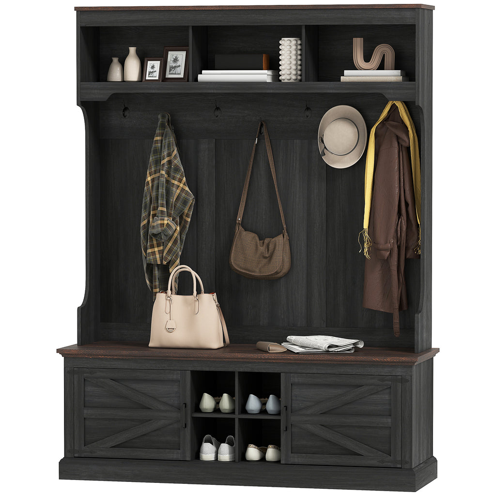 3-in-1 Hall Tree With Shoe Storage, Coat Rack With Bench, Entryway Furniture With Hooks, Black Wood Grain