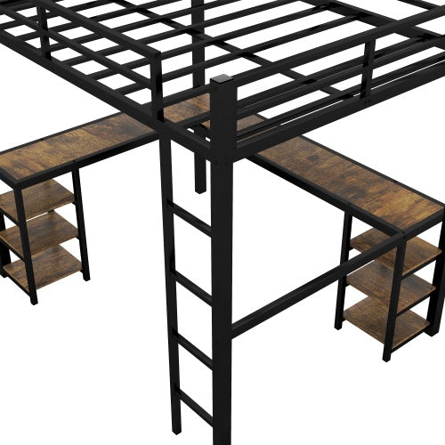 Full XL Metal Loft Bed With Desk And Shelves, Loft Bed With Ladder And Guardrails, Loft Bed Frame For Bedroom, Black