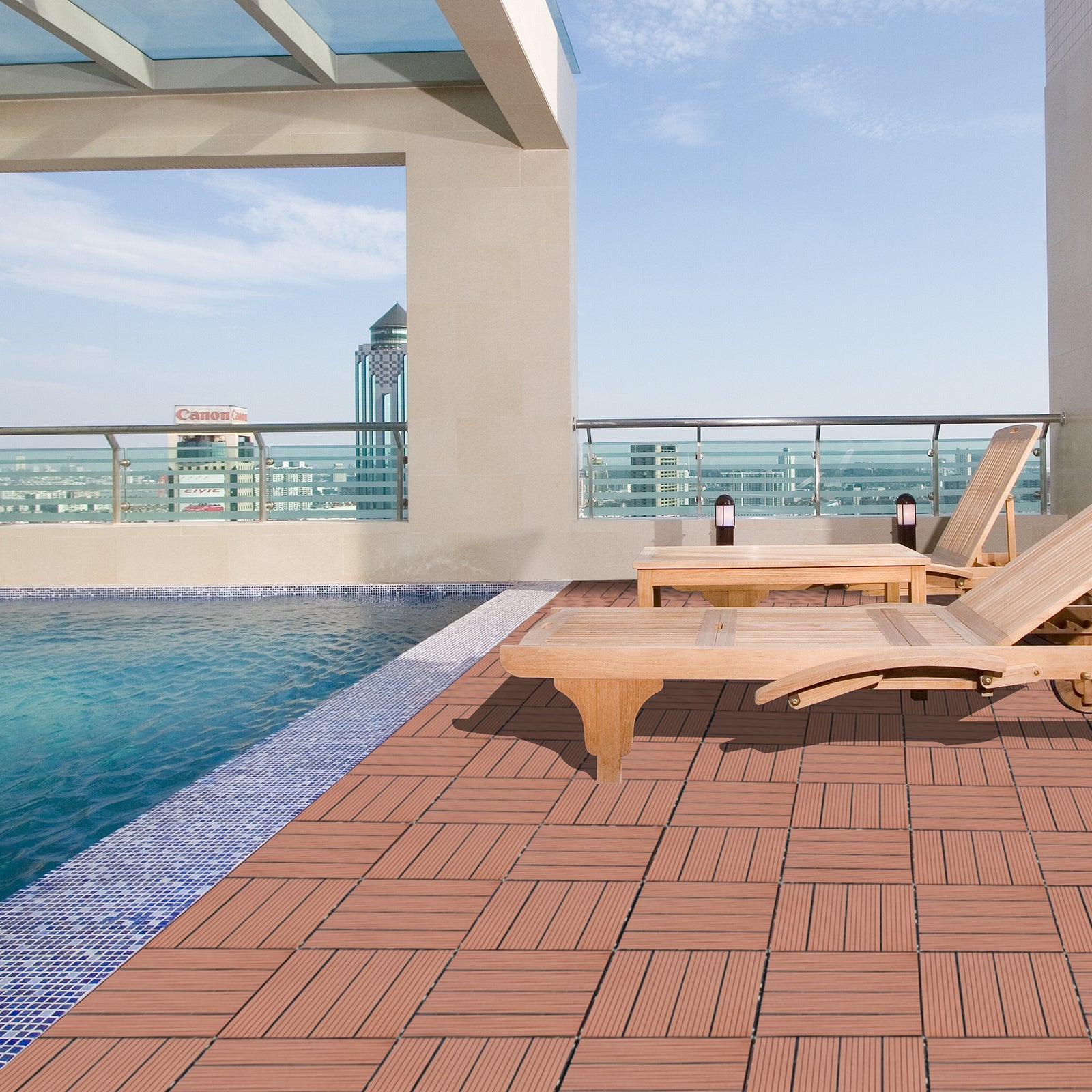 Wood Plastic Composite Deck Tiles Set Of 20, Sustainable FSC Composite Decking Resist Rust, Water, Weather, Easy To DIY & Maintain, Ideal For Patios, Balconies, Rooftops, Mahogany Colour